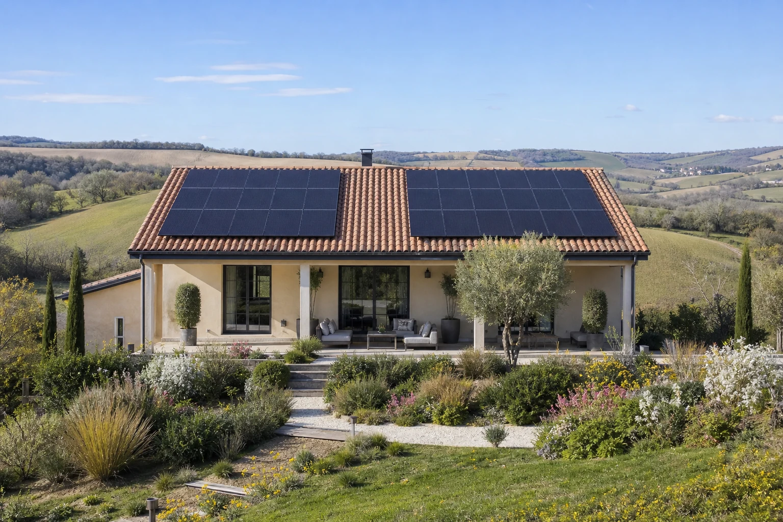 Installation photovoltaïque sur une maison contemporaine du Gers